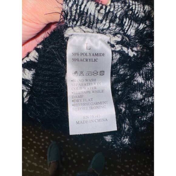 Mixumi Black White Herringbone Cozy Soft Eyelash Checkered Long Sweater Dress - Picture 8 of 11